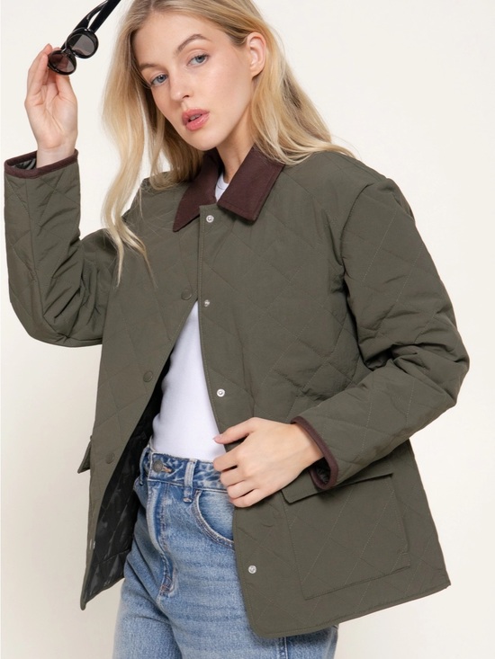 Boutique Jackets & Blazers - Quilted Olive Green Puffer Jacket with Contrast Brown Collar - Women